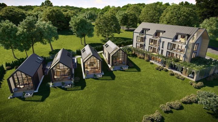 A HillGate apartmanház és a négy skandináv ház Nemesbük dombján, madártávlatból