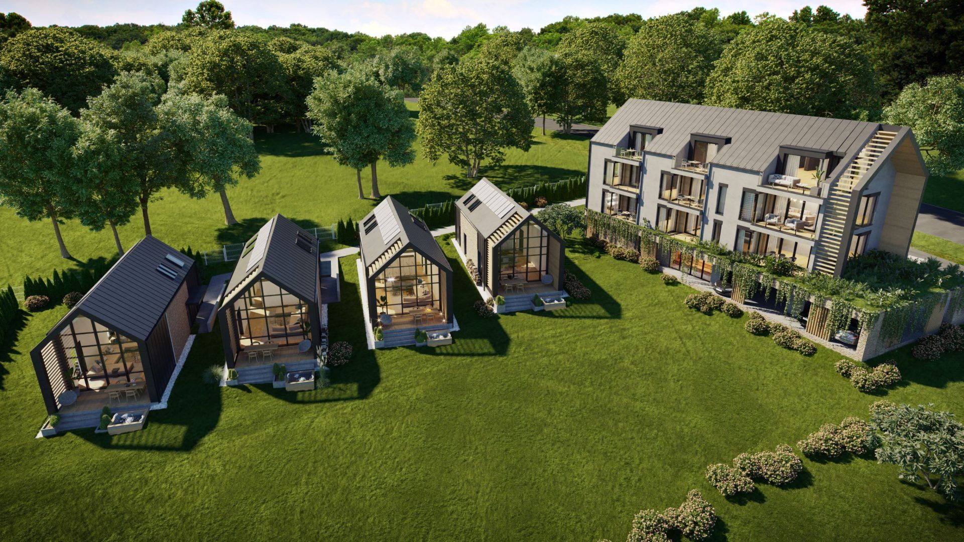 A HillGate apartmanház és a négy skandináv ház Nemesbük dombján, madártávlatból
