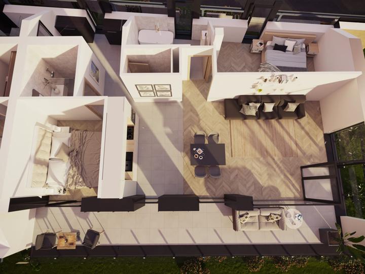 Két hálószobás apartman, 3D alaprajz