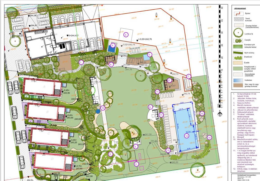 A HillGate resort helyszínrajza: apartmanház, négy skandináv ház, medence és kert